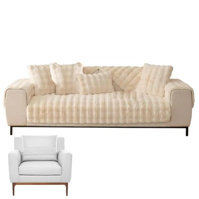 

Plush Sofa Cover Faux Fur Plush Sofa Slipcover Living Room Throws Blankets Rug Non-Slip Furniture Protector For Pets Kids