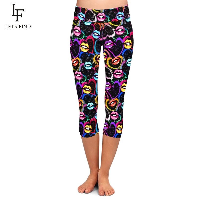 LETSFIND Sexy Women Legging LIPS Printing Capri Leggings High Waist Elasticity Slim Mid-Calf 3/4 Leggings  Female Pants