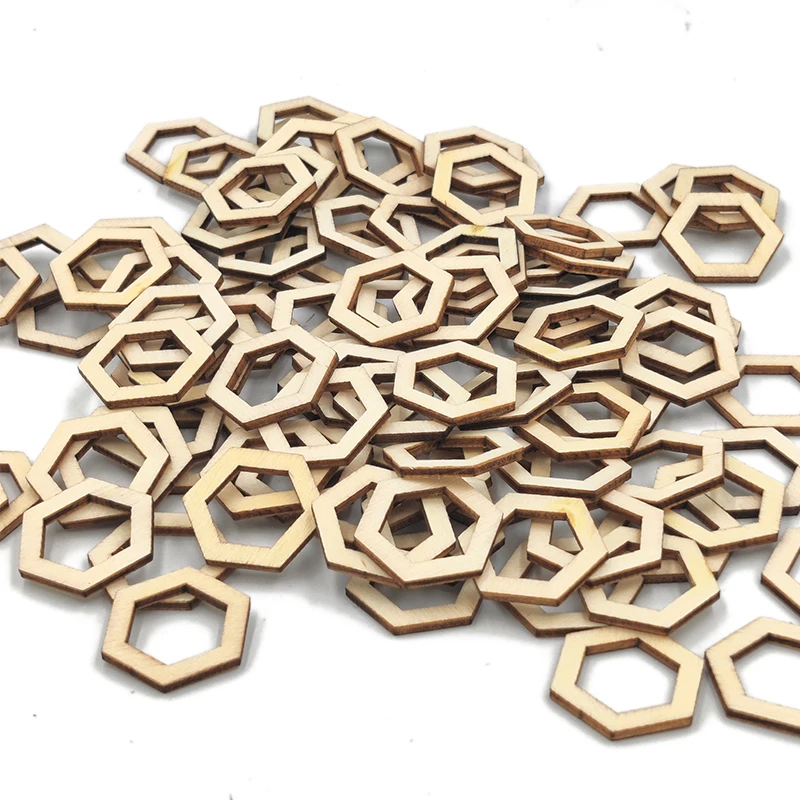 100PCS 10MM Wooden Pieces Hexagon Square Heart Wood Shape Unfinished Cutout  Shapes DIY Craft Project Ornaments Decorations