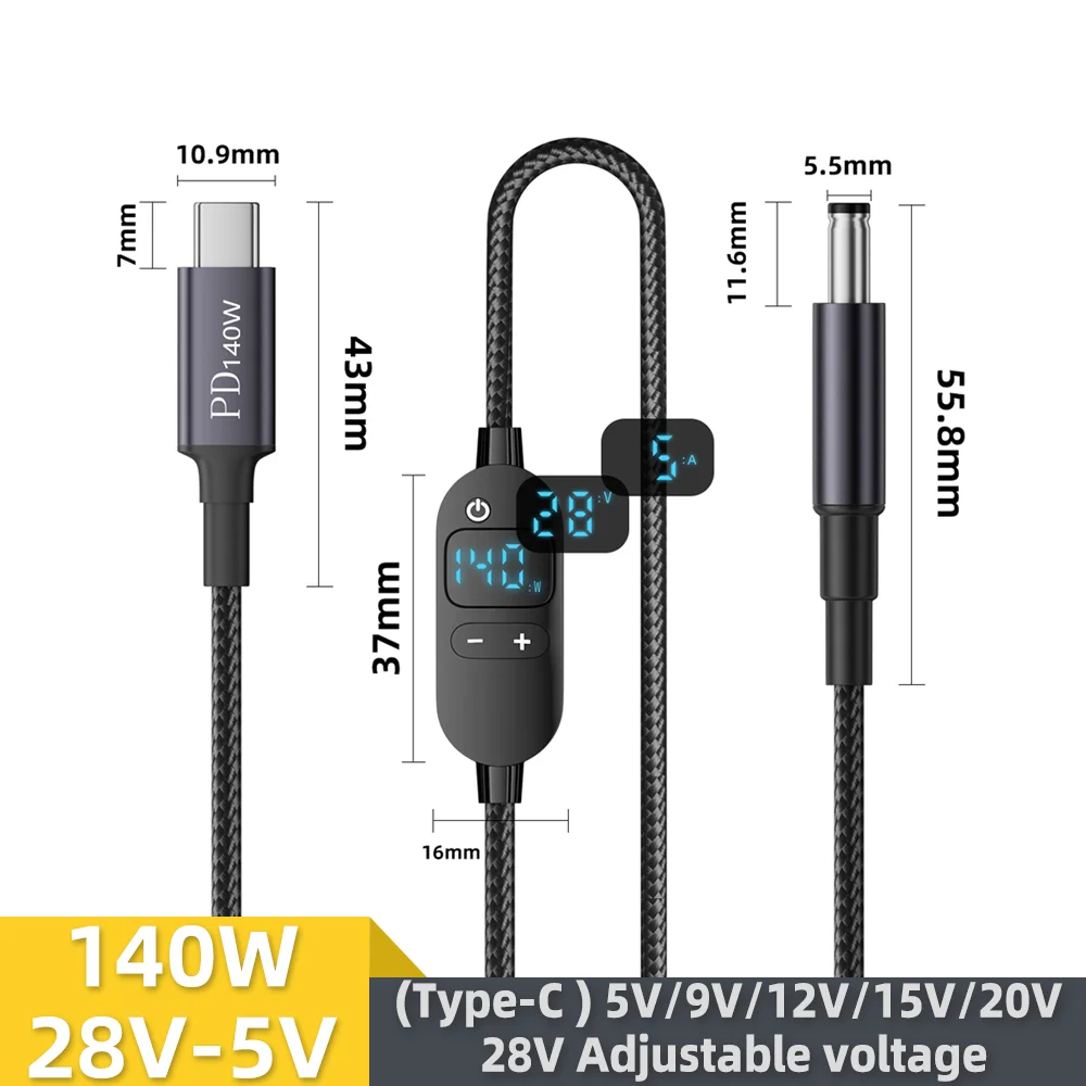USB C to DC Power Cable 140W Type C to 5V 9V 12V 15V 20V 28V Adjustable Voltage Adapter Connector Cable for Laptop Routers
