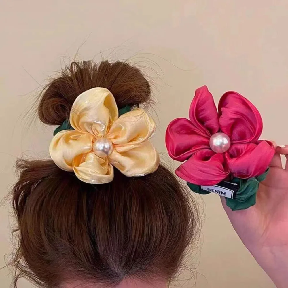 Mode Elegante Perle Blume Haar Seil Organza Stretch Scrunchies Für Frauen Mädchen Haar Zubehör Kopfbedeckung Pferdeschwanz Halter – Detail 7
