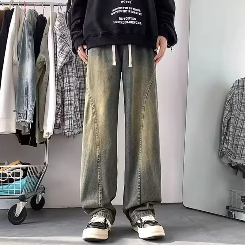 남성용 아메리칸 빈티지 디스트레스드 옐로우 머드 컬러 청바지, 스트레이트 레그 롱 팬츠, 가을 캐주얼 트렌디 하이 스트리트