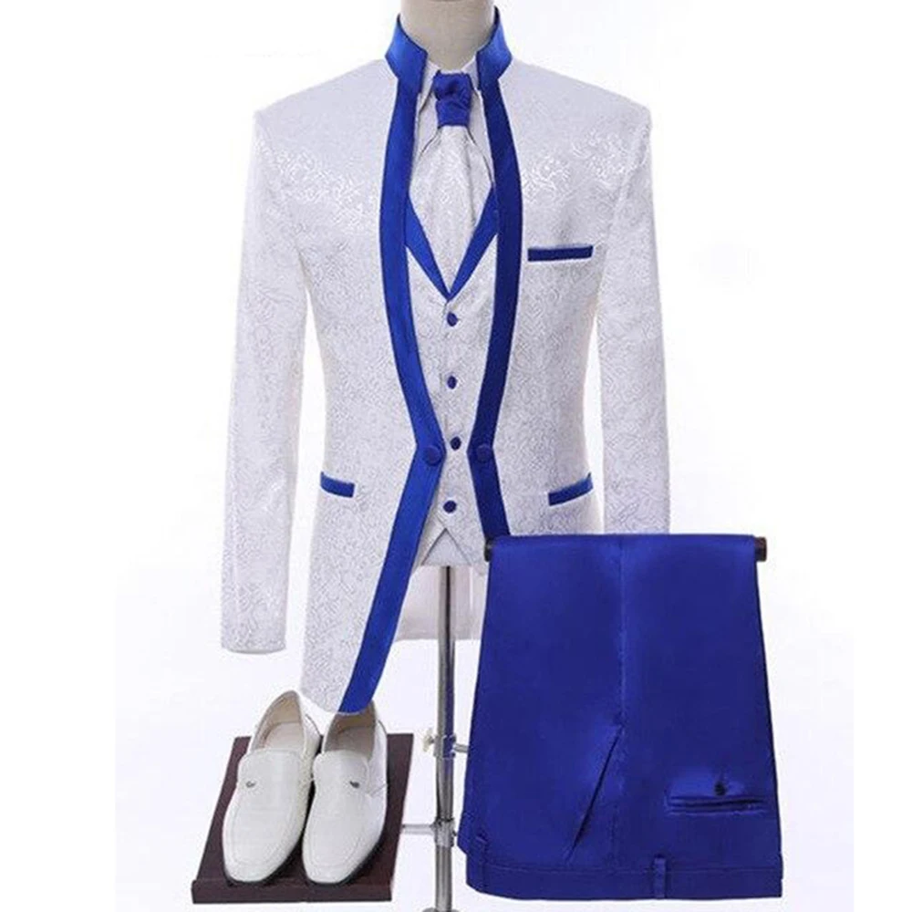 

Tailored Made Royal Blue Collar White Men Suits For Wedding Groom Tuxedos 3pcs Male Blazer Pants Vest Wedding Prom Party Suit
