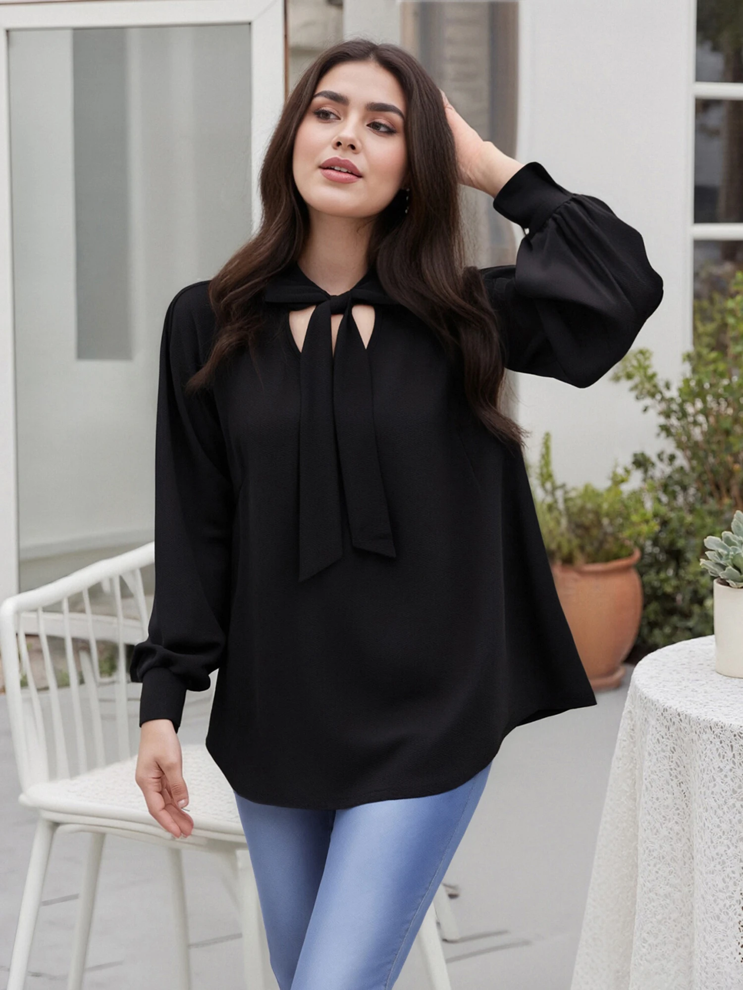 Women s Fashion Long Sleeve Tie-up Loose Solid Color T-shirt for Casual Daily Wear in Autumn Streetwear Style