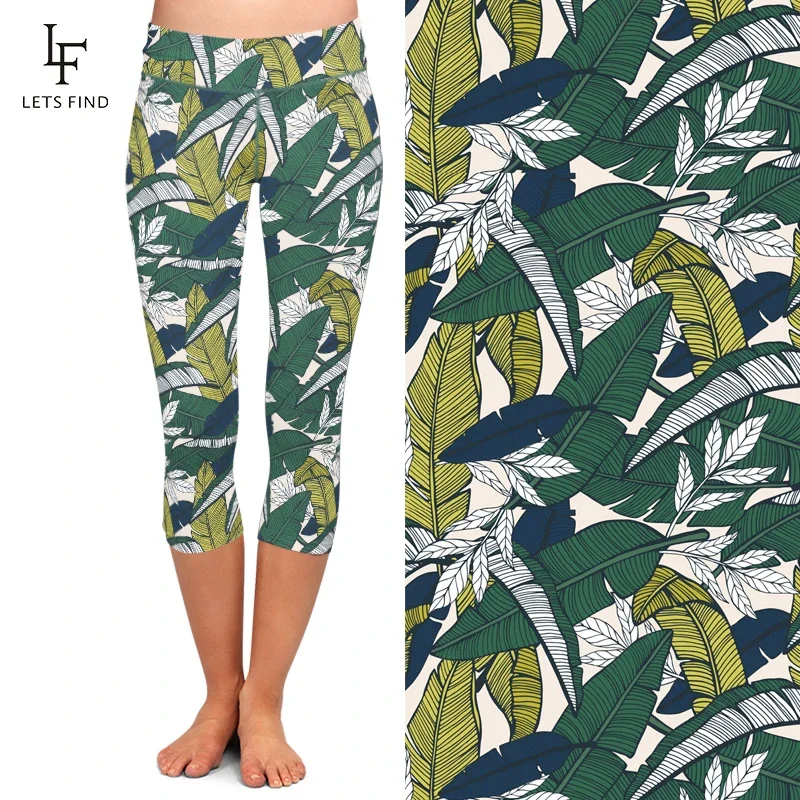 LETSFIND Summer New Design Women Capri Leggings Leaf Printing Mid-Calf 3/4 High Waist Elastic Leggings