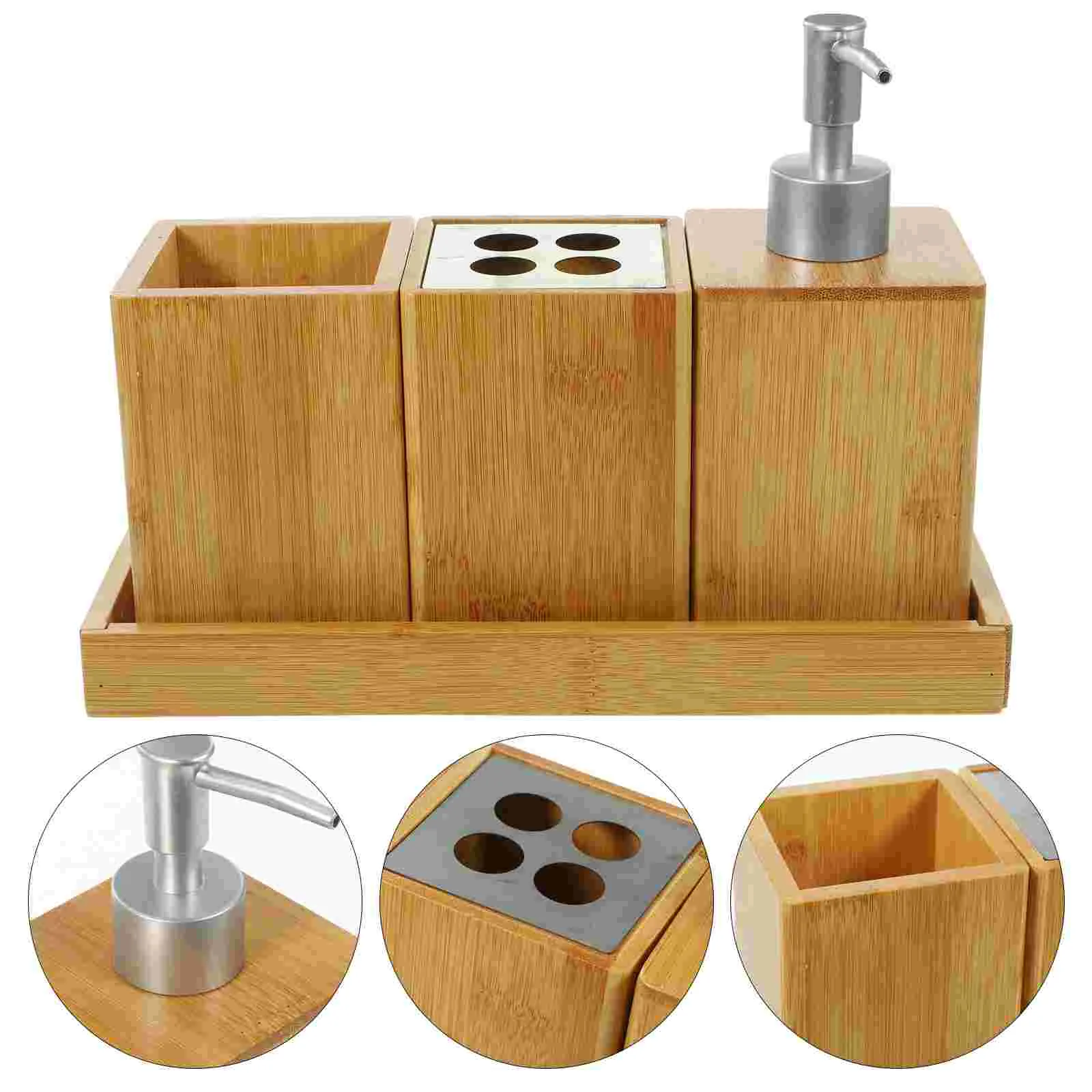 

Bamboo Bath Set Soap Dispenser With Pump Shampoo Container And Conditioner Shower Toothbrushes Bamboo Bathroom Accessories Set
