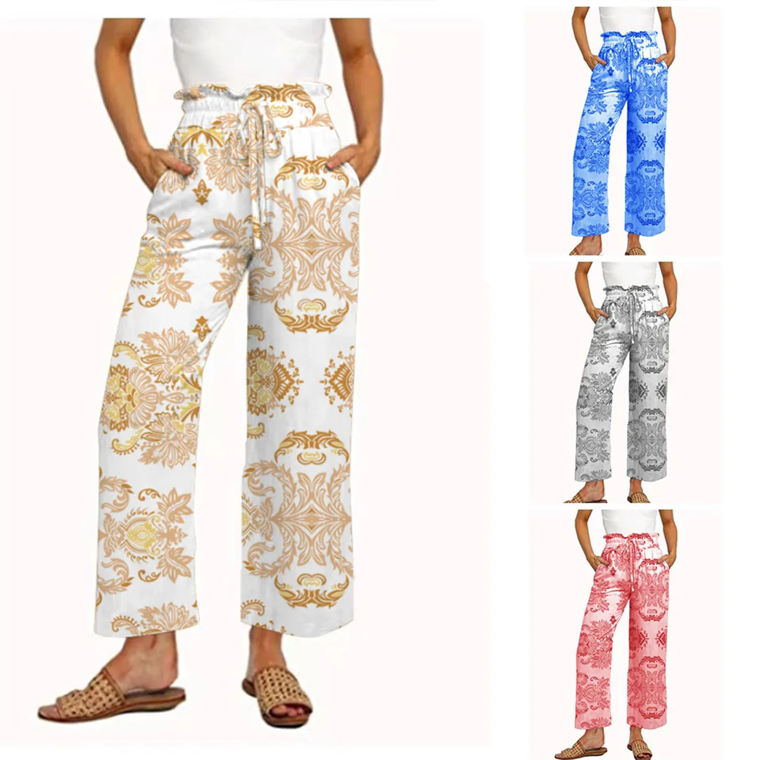 

2022 Summer Fashion Women Printed Casual Loose Trouser Wide Leg Pants High Waist Joggers Pants Capris Good Fabric