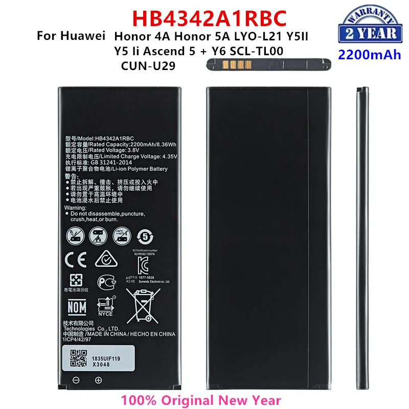 

100% Orginal HB4342A1RBC 2200mAh Battery For Huawei Honor 4A Honor 5A LYO-L21 Y5II Y5 Ii Ascend 5 + Y6 SCL-TL00 CUN-U29