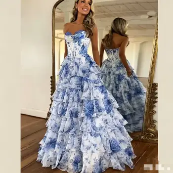 Manmuxi Print Ruffle Prom dresses Corset Lace Up Back Slit Floor Length Evening Gown Women Formal Wedding Guest Party Long Dress