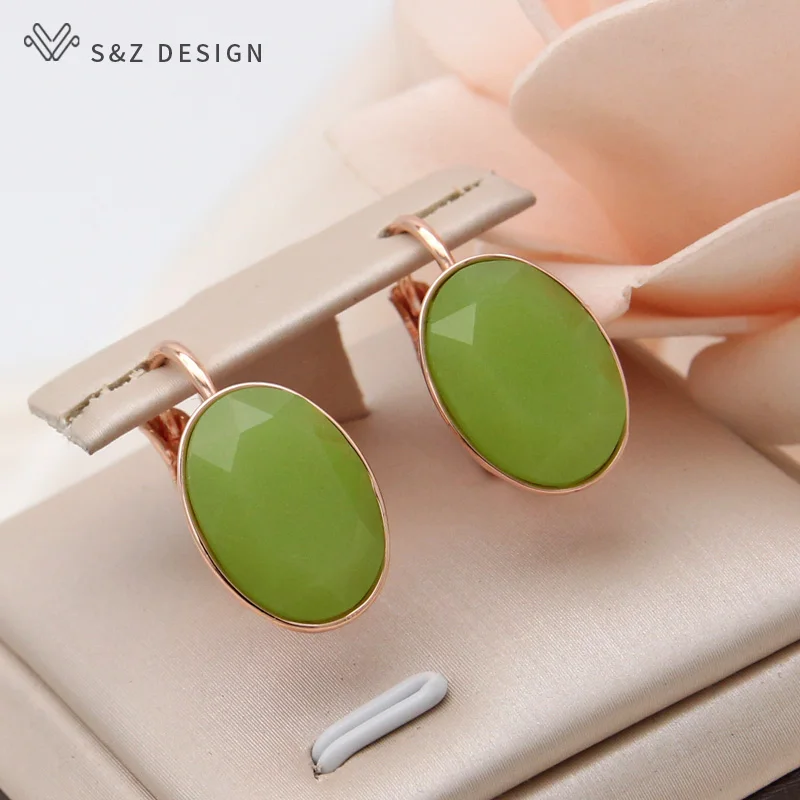 S&Z DESIGN New Fashion Oval Vintage Egg Shape Imitation Jade Glass Dangle Earrings For Women Wedding 585 Rose Gold Color Jewelry