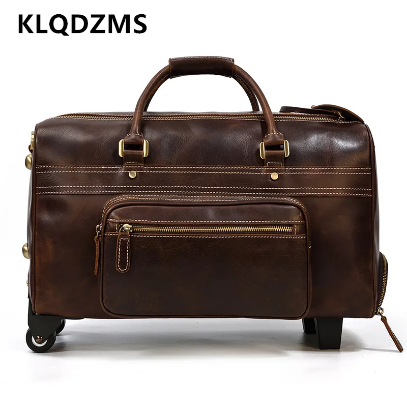 

KLQDZMS 22" Inch Men's New Leather Trolley Bags Retro Cowhide Hand Luggage Large Capacity Suitcase Business Roller Handbag