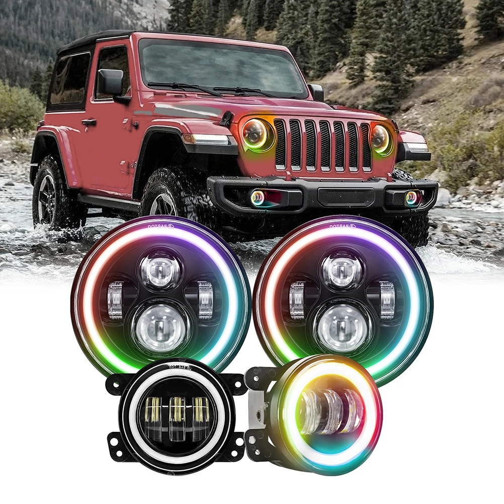 

Круглые светодиодные фары RGB 7 дюймов с противотуманным фонарем, комплект RGB DRL, дальний/ближний свет, налобный фонарь с защитой IP68, разъем H4, Plug And Play