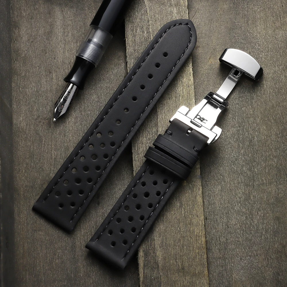 Breathable Cowhide Leather Watch Strap with Butterfly Buckle - Universal Fit