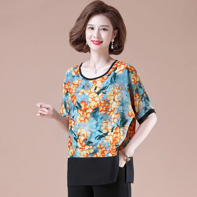 

2022 New style Summer Middle Aaged Women Korean Patchwork O-Neck Blouse Tops Female Flower Print Fashion Loose Size 5XL Shirt