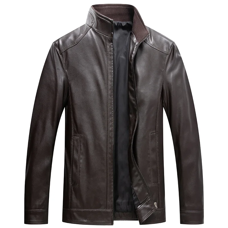 

Boys Brown Stand Collar Long Sleeve Outerwear Leather Jacket Large Men Zip Up Oversize Moto Black PU Faux Leather Coat 7xl 6xl