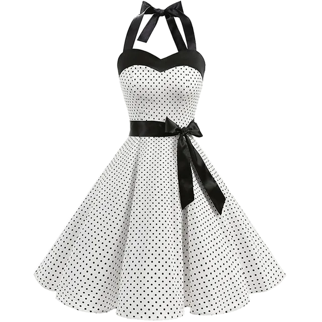 Femmes à pois imprimé Robe d'été Sexy rétro blanc licou Robe Vintage Robe Femme Pin Up Rockabilly Robe de soirée