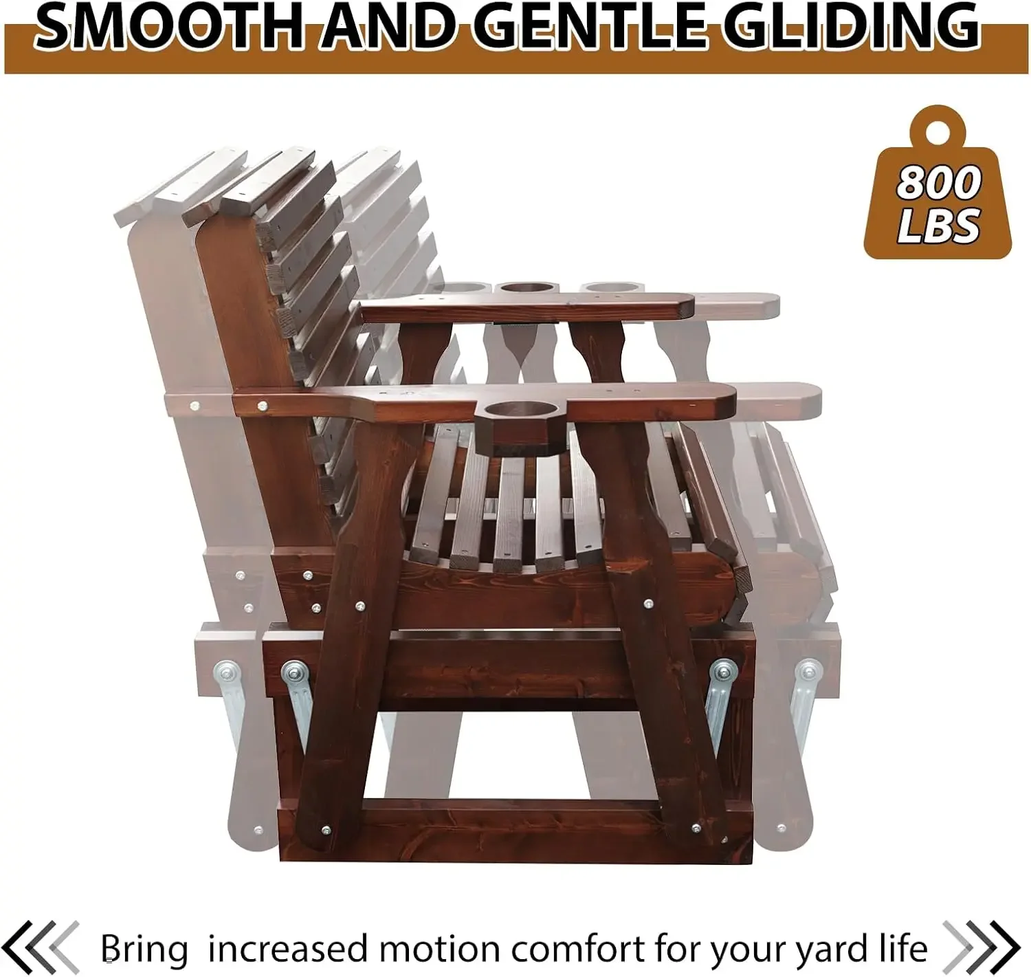 NEW-Outdoor Glider Chair, 3 Piece Wooden Glider Patio Furniture Set with Round Table, Cupholder, High Back, Dark Brown