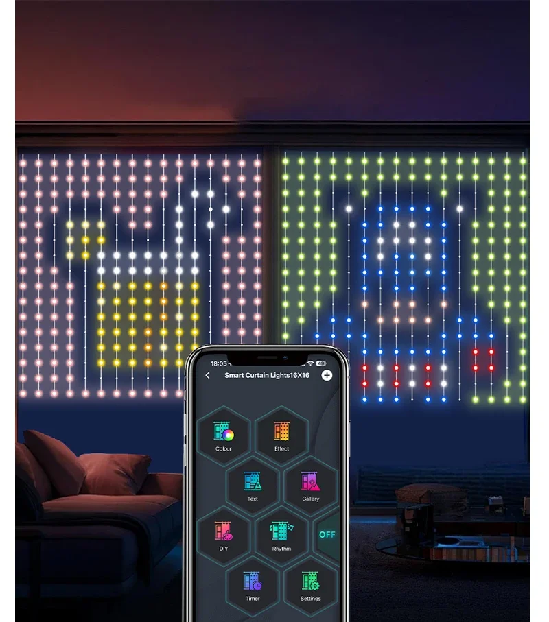 Description Picture 4 of item5V USB WS2812 IC RGB LED Window Curtain Light Smart APP Control Dream Color Fairy Light for Holiday Football Party Outdoor Decor
