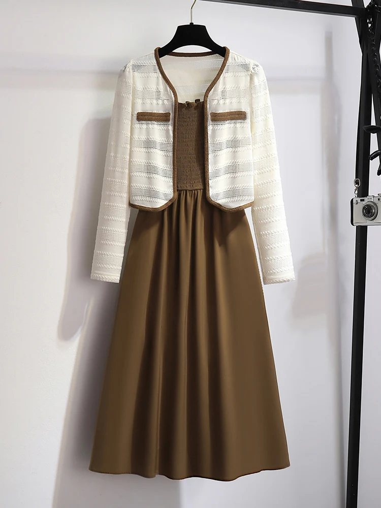 

Coffee cardigan with suspender skirt two-piece autumn women's new beautiful temperament ladies early autumn dress