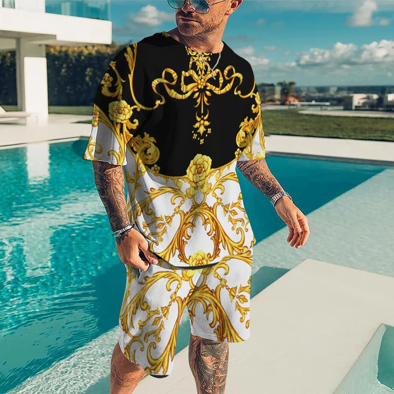 Men Summer Luxury Brand Tracksuit Male Vintage T-Shirt Short Pants Set Fashion Clothing 2 Pieces Casual Outfit Suit Streetwear