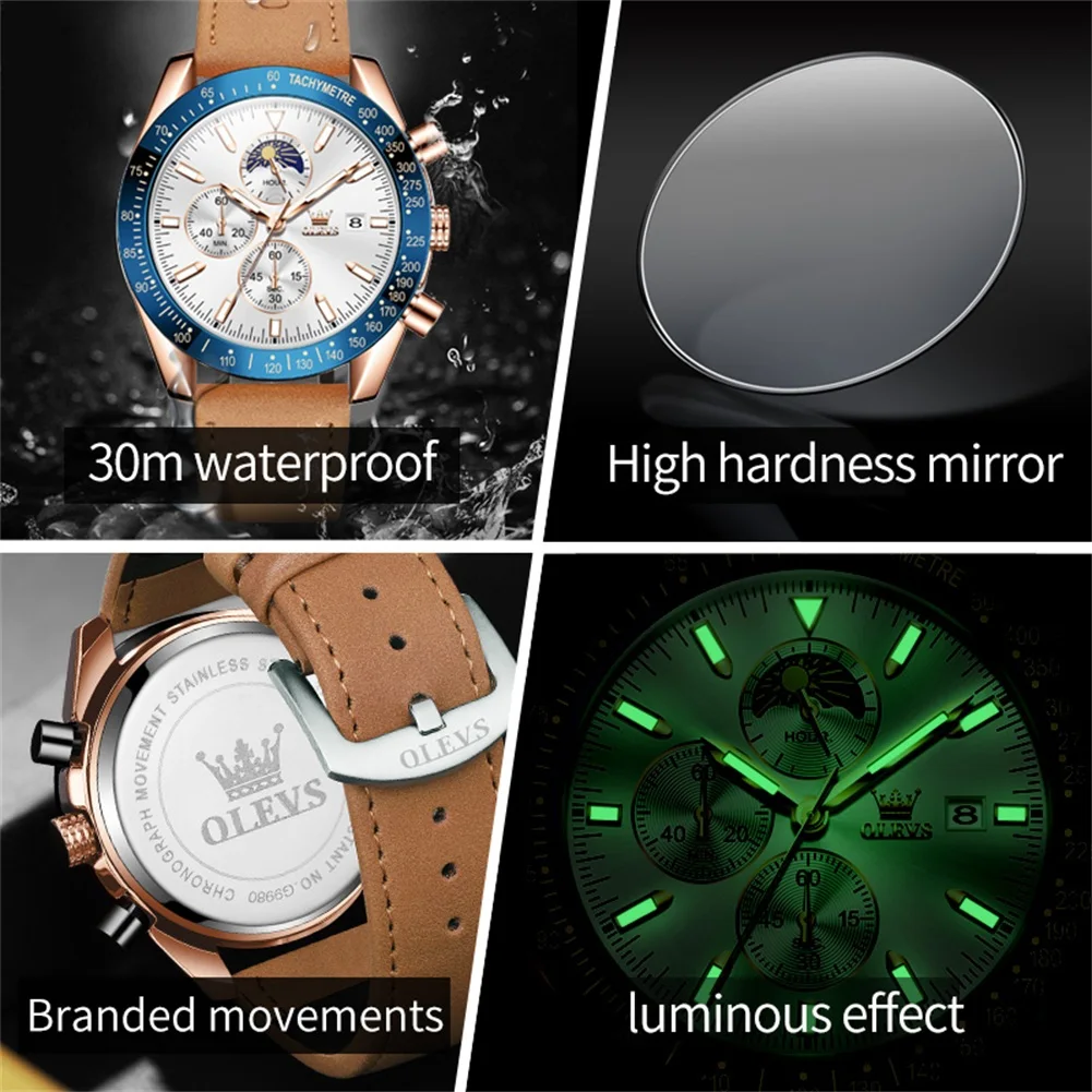 OLEVS Brand Fashion Moon Phases Chronograph Quartz Watch for Men Leather Waterproof Luminous Date Mens Watches Relogio Masculino