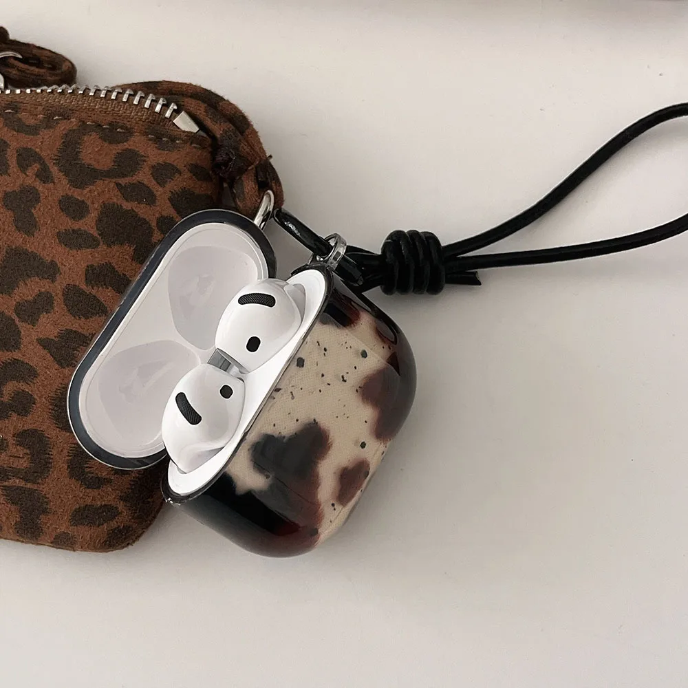 Elegant Black Agate Pattern Earphone Protective Cover with Keyring and Leather Rope