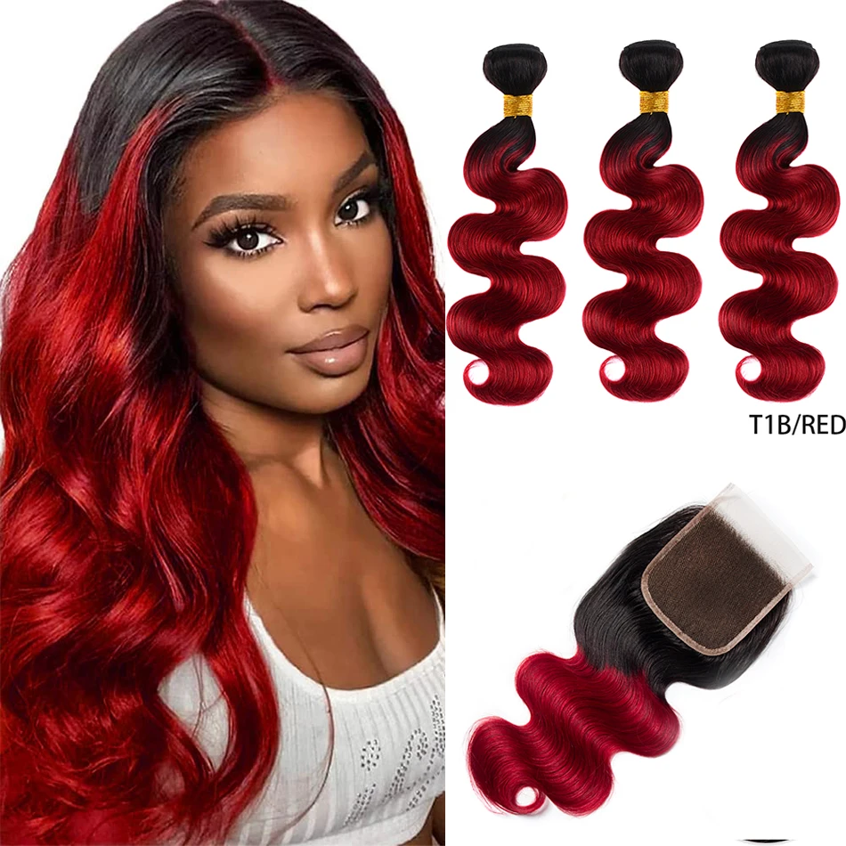 

DreamDiana 10A Remy Ombre Human Hair Bundles With Closure 2 Tone Black and Fire Red Brazilian Body Wave Bundle Hair With Closure