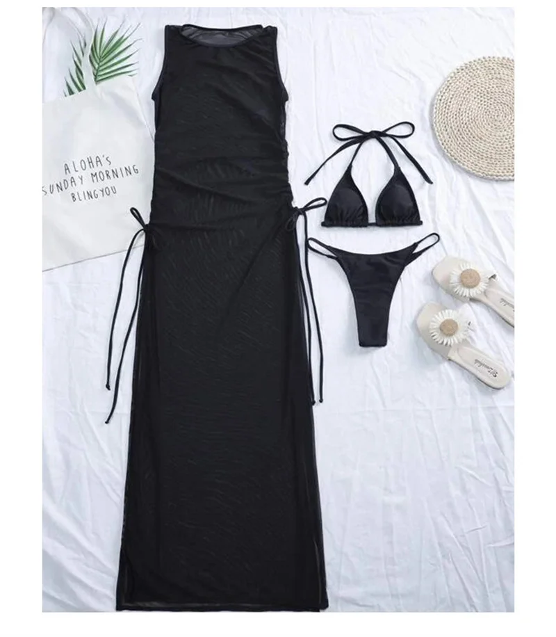 triangle bikini set Cutubly Bathing Suits 2022 Woman Swimwear Sexy Sheer Mesh Beach Dress 3 Piece Set Lace Up Split Sleeveless Cover Ups Swimsuits off the shoulder bikini