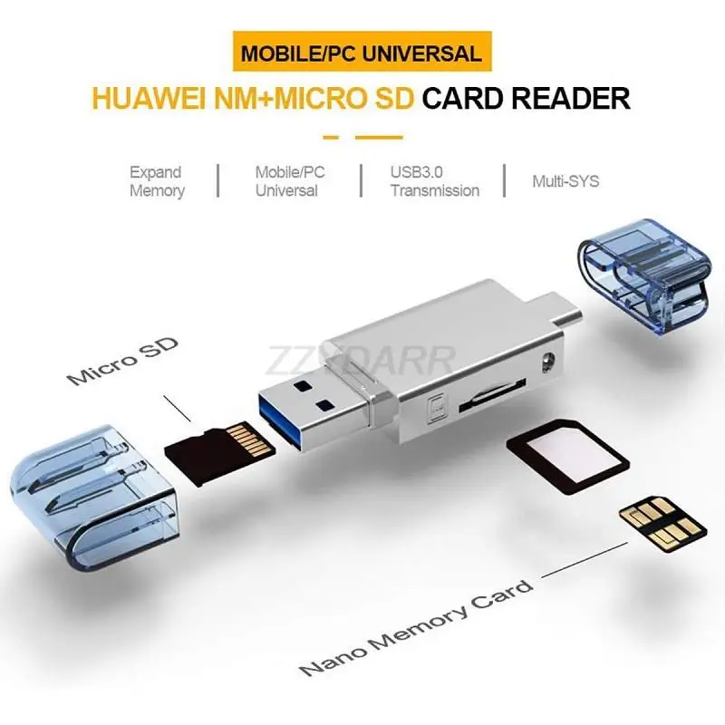 USB C타입 NM 카드 리더, 나노 메모리 카드, TF 마이크로 SD 카드 리더, 화웨이 노바 아너 및 노트북용, 양방향 전송, 2 in 1