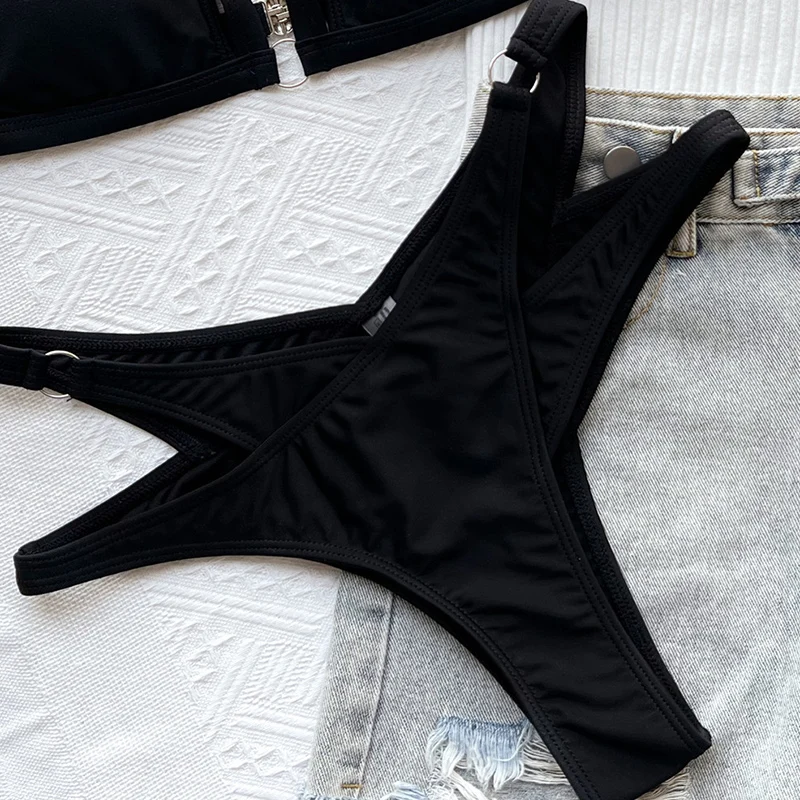 Sexy Solid Straps Triangle Bag Hollow Out Bikinis Woman Push Up Swimwear Fake Two Piece Thong Swimsuits Summer Beachwear