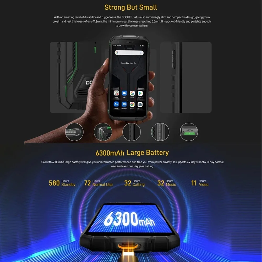 DOOGEE S41T 4G Rugged Smartphones 5.5Inch HD Screen 13MP Triple Camera Octa Core 4GB+64GB Android 12 Mobile Phone 6300mAh NFC