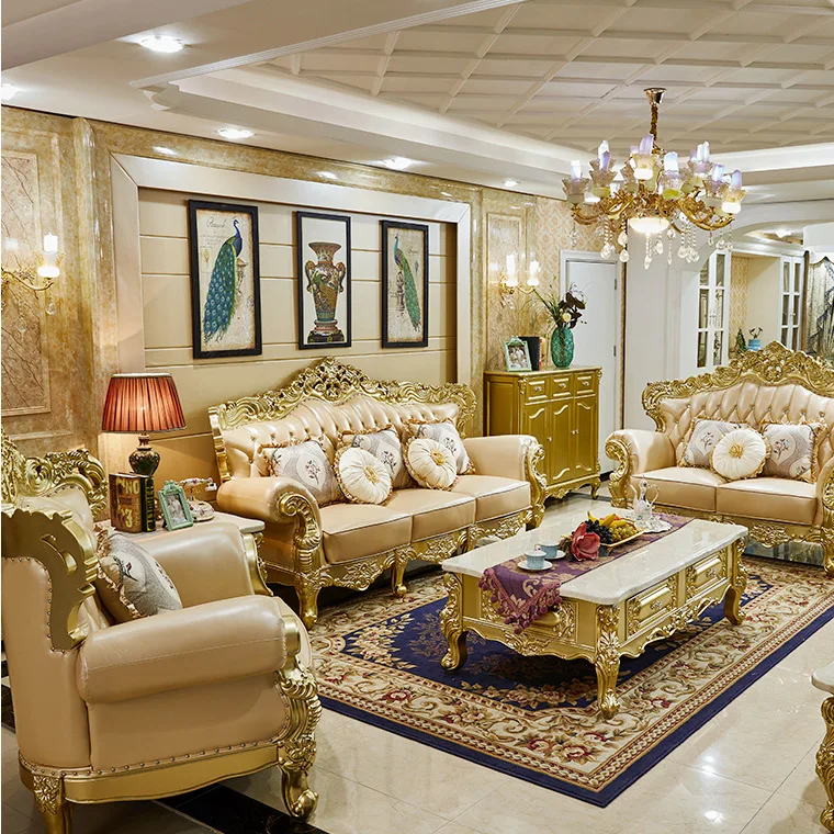 

European solid wood double-sided carved sofa combination living room luxury large apartment leather sofa