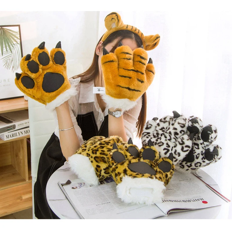 

Winter Warm Gloves For Men And Women Creative Animal Leopard Tiger Paw Gloves Cute Ears Hairband Dress Up Performance Props
