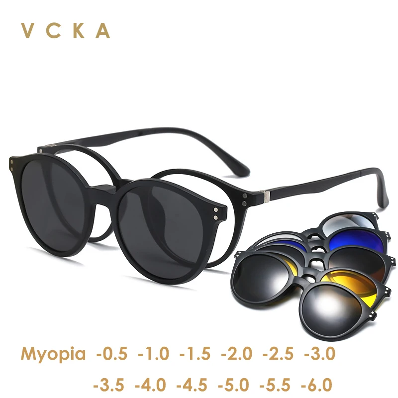 

VCKA Myopia Glasses Sunglasses Magnet Clip Prescription -0.5 To -10 Round TR90 Frame Blue Ray Blocking Nearsighted Astigmatism