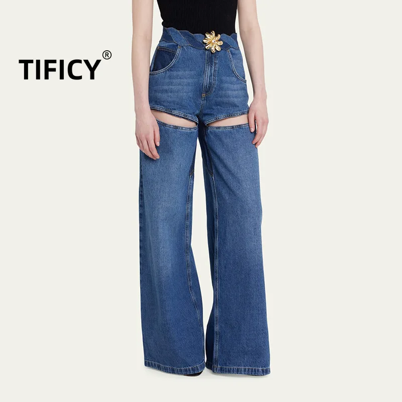 TIFICY Hollow Out Wide Leg Jeans Autumn Women's New Fried Dough Twists Knot Double Color Splice Love Flower Metal Pants