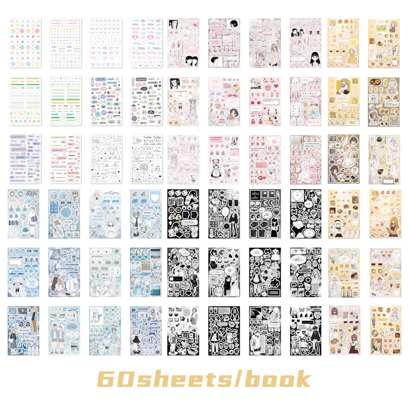 Retro Anime Character Sticker Book - Collage Scrapbook and Greeting Card Decoration Set, 60 Sheets