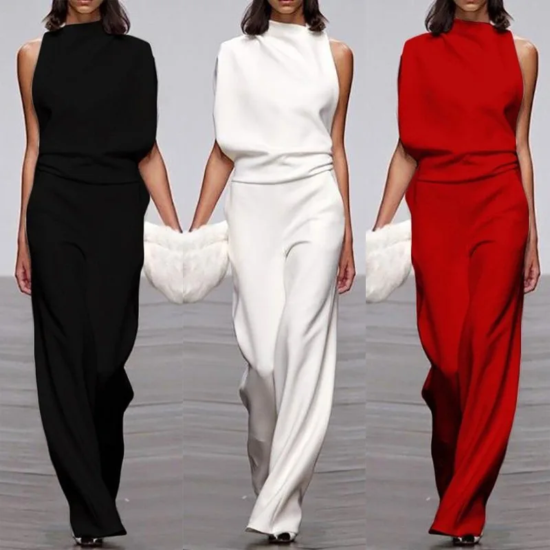

2023 New European and American Women's Dress One Shoulder Sleeve Casual Commuter Jumpsuit