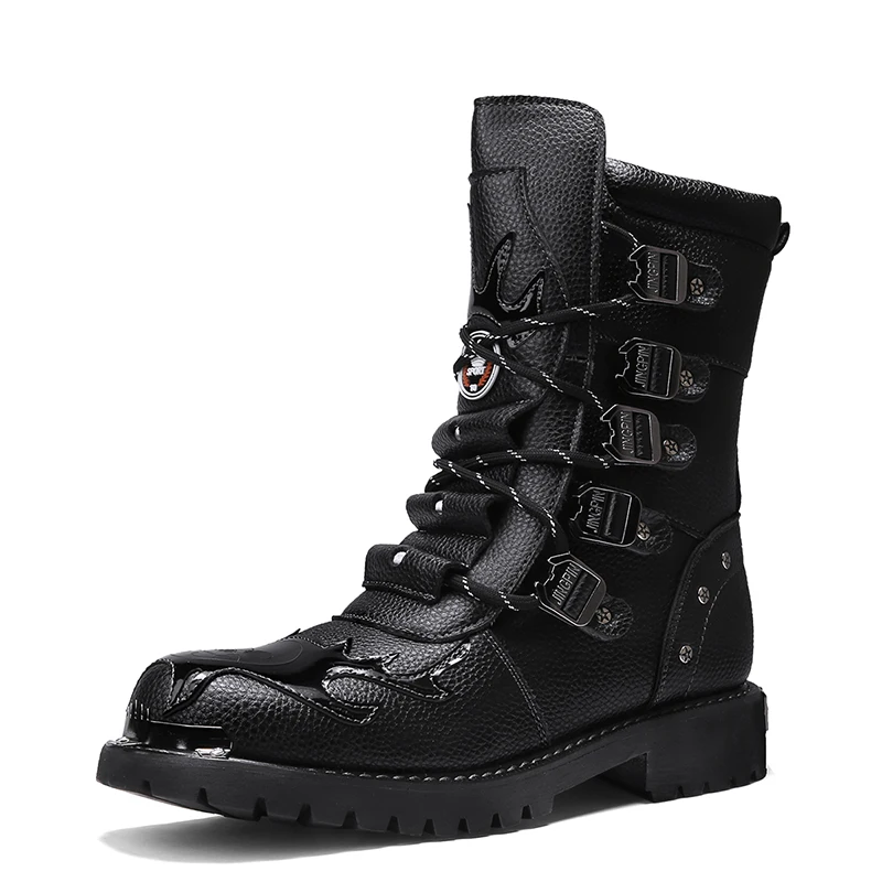 Black Leather Men's Platform Ankle Boots Square Toe Lace Up Shoes_voghion.com