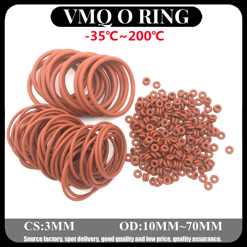 VMQ-레드 실리콘 O 링 CS 3mm OD 10  70mm 50 개, 식품 등급 방수 와셔 고무 절연 원형 씰 개스킷