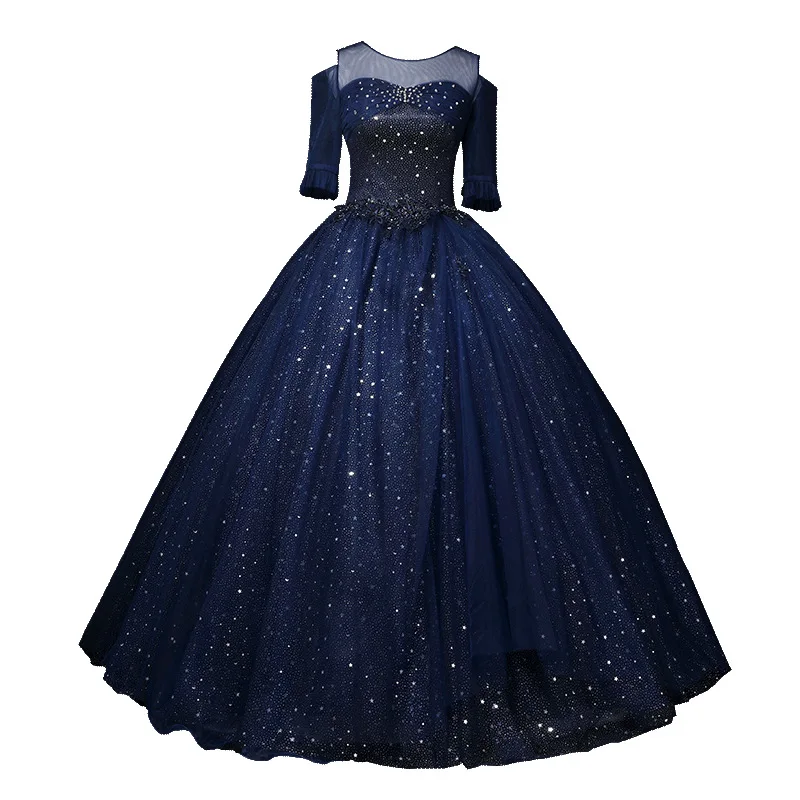 Dark Blue Quinceanera Dresses New Illusion O-neck Half Sleeve Robe De Bal Classic Elegant Bling Shining Plus Size Customized