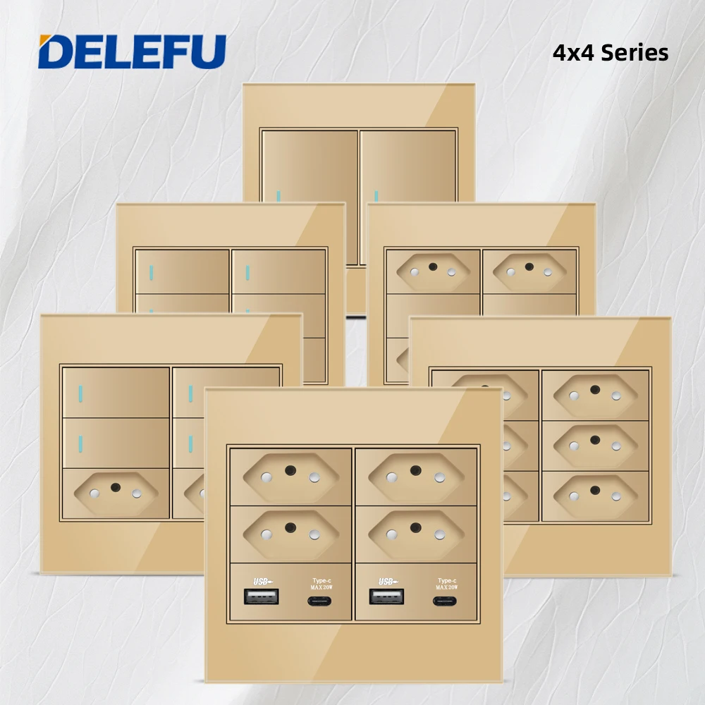 Delefu 4×4 Painel de Vidro à Prova de Fogo Brasil Standard Outlet Duplo Usb tipo c Parede Tomada Interruptor de Luz Escritório Dourado 10a 20a Carga Rápida