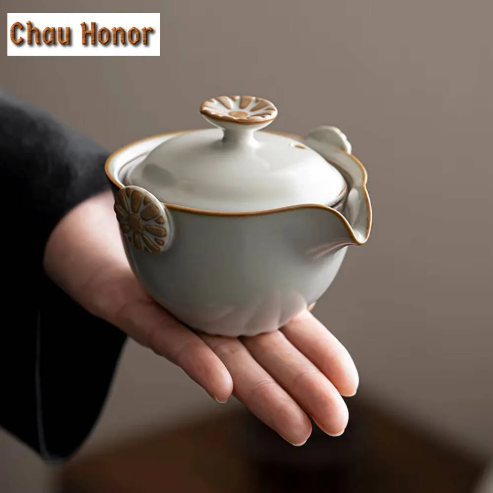 Retro Azure Ru Kiln Porcelain Tea Set Kit Ancient 1 Pot 3 Cups Tea Brewing Camping Handbag Chinese Tea Set Equipment Collection