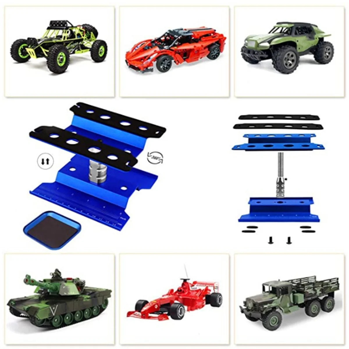 BAAU RC Car Work Stand Repair Workstation 360 Degree Rotation Lift Lowerw/Screw Tray for 1/10 1/8 -4 SCX10 D90 Blue