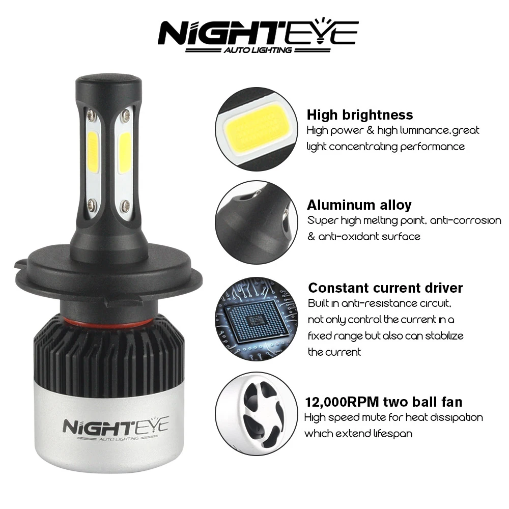 NIGHTEYE Car Bulbs H4 H11 H8 H9 9005 HB3 9006 Hb4 H3 H1 LED Chips 72W 9000LM 6500K Headlamp