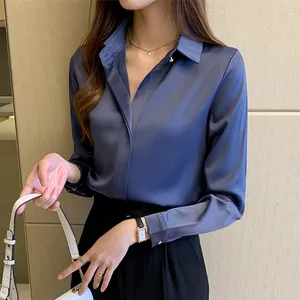 Женская атласная рубашка, модная женская блузка с длинным рукавом, однотонный топ, женские рубашки и блузка, Базовые Женские топы, женская одежда в офисном стиле, 2023