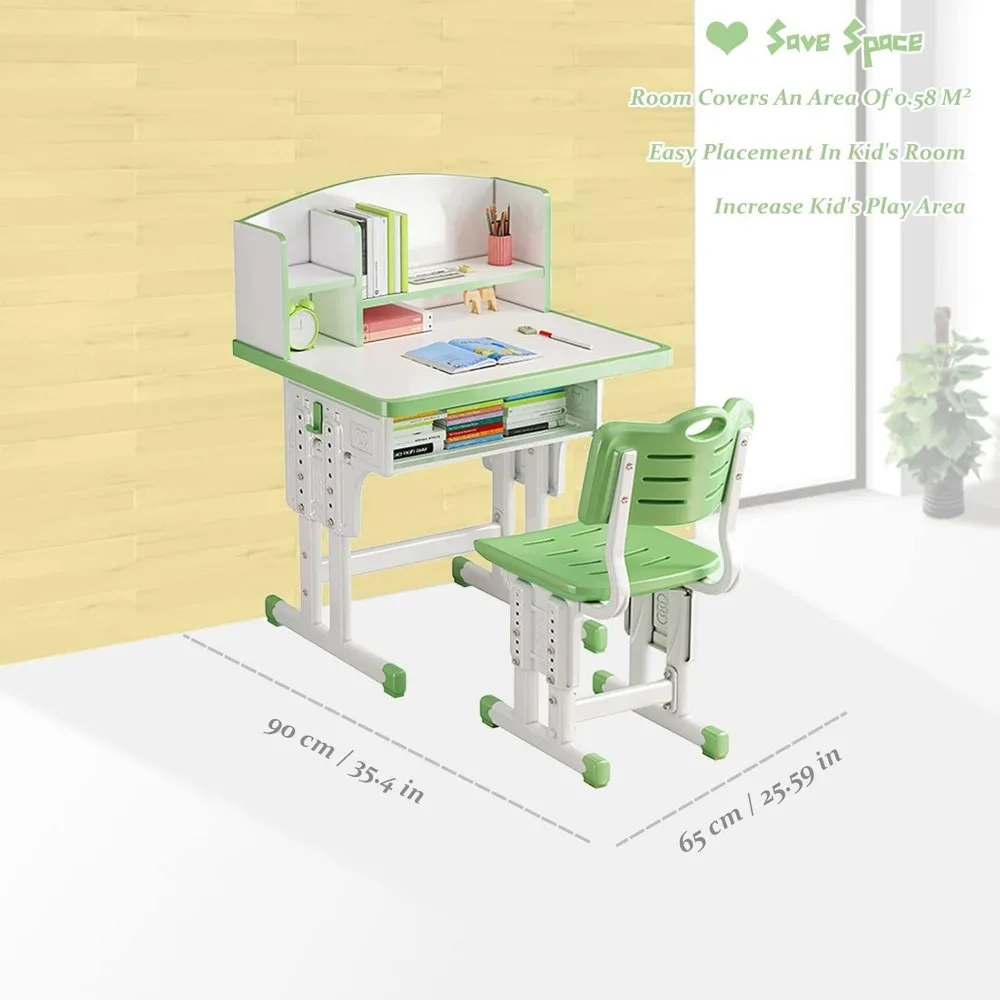 Kids' Table Chair Sets, Children Study Desk Table Computer with Large Storage Drawer Built-in Bookshelf, Kids Bedroom Furniture