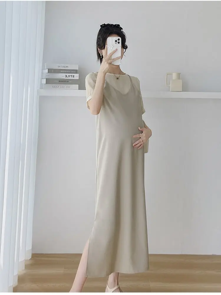 

Korean Style Pregnant Women's Clothes Set Solid Color Fashion Maternity Dress Suits Short Sleeve Top+Strap Dress Pregnancy Suits