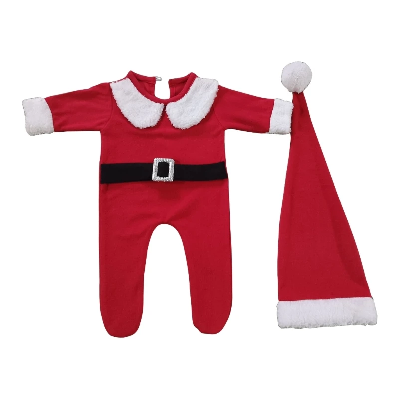 67JC Baby Photo Clothing Footed Pants Santa Clause Hat Newborn Photo Romper Infant Christmas Party Photo Posing Accessories fashion baby clothing 3pcs newborn infant baby boys letter printed romper arrow pants hat outfits clothes set