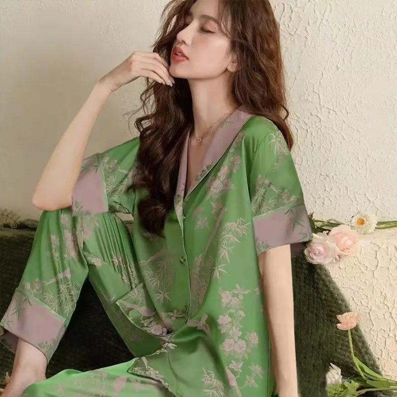 Silk Sleepwear Women Short Sleeve Top Pants Pajama Sets Luxury Brand Loungewear Print Eveningwear Nightwear Korean Fashion