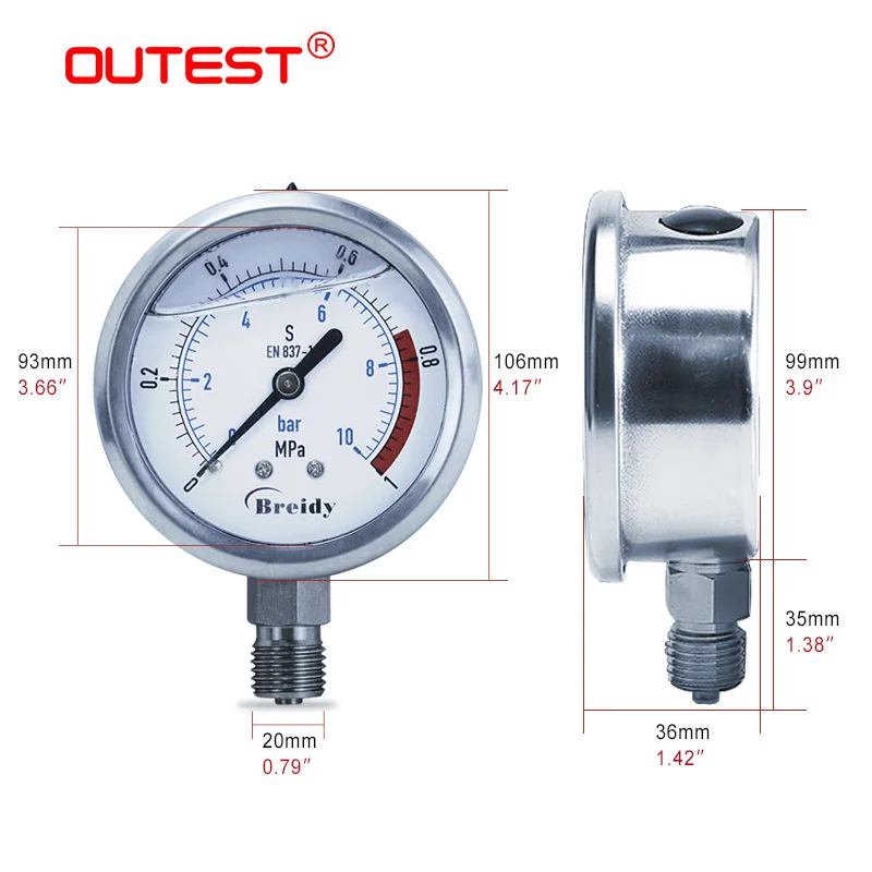 OUTEST 0-60mpa  Stainless Steel Shockproof Pressure Gauge Oil Hydraulic Pressure Water Pressure Vacuum Dial Diameter 100mm images - 6